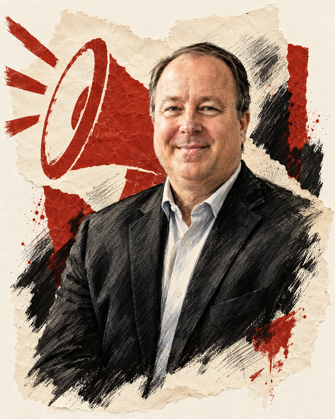 Illustrated portrait of Antonio Valiente-Rivera in charcoal and torn paper, with a separate red megaphone motif.